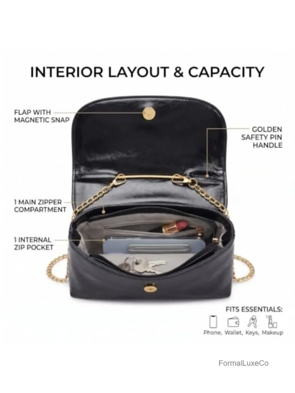Evening Clutch Gold Pin Handle Crossbody Purse Vegan Leather